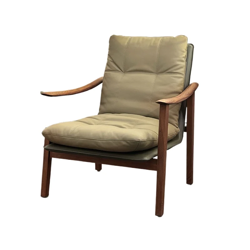 

Black walnut leather leisure chair, solid wood Nordic simple single sofa chair, living room home recliner