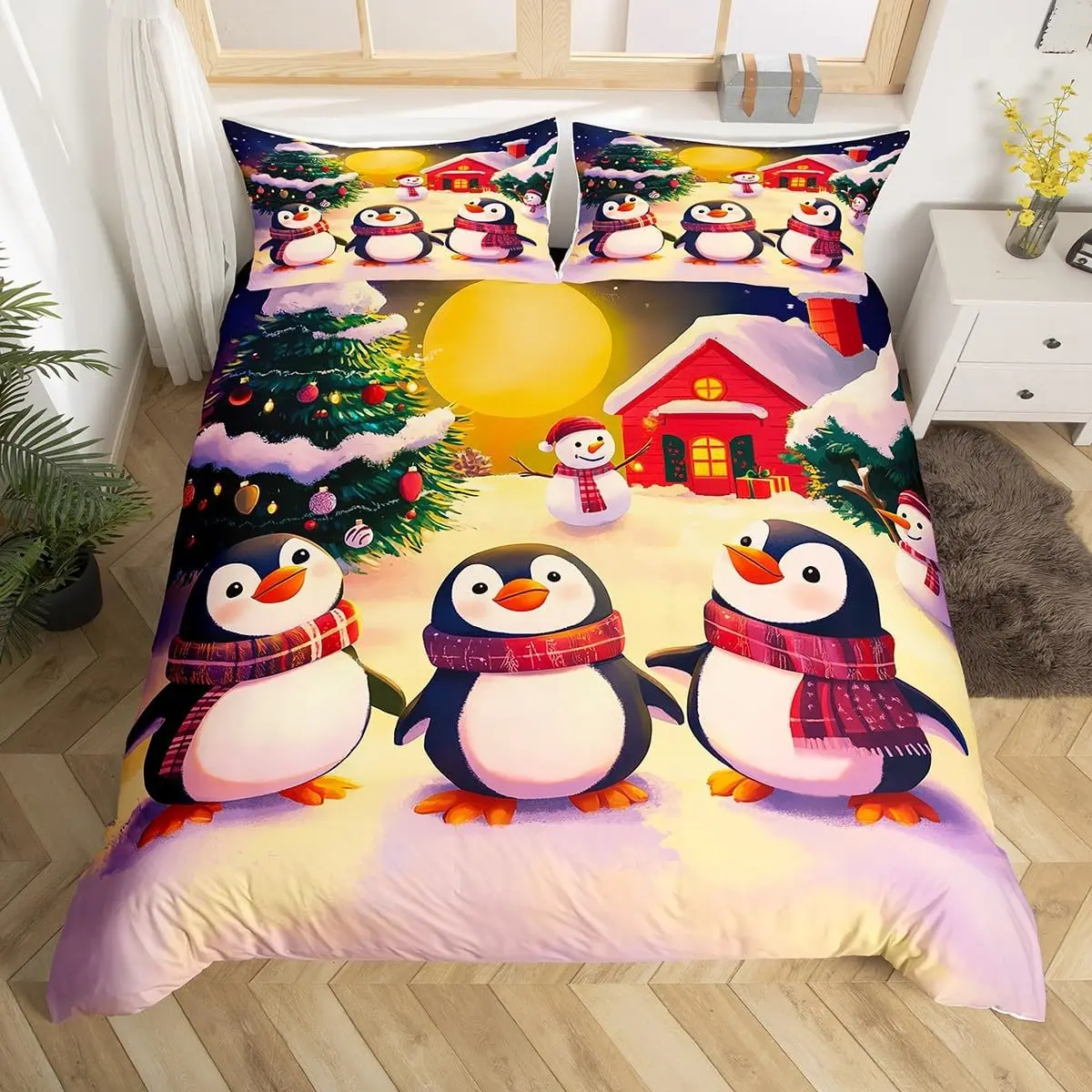 

Cartoon Penguin Duvet Cover Full King for Girls Boys New Year Gift Christmas Theme Bedding Set Christmas Tree Comforter Cover