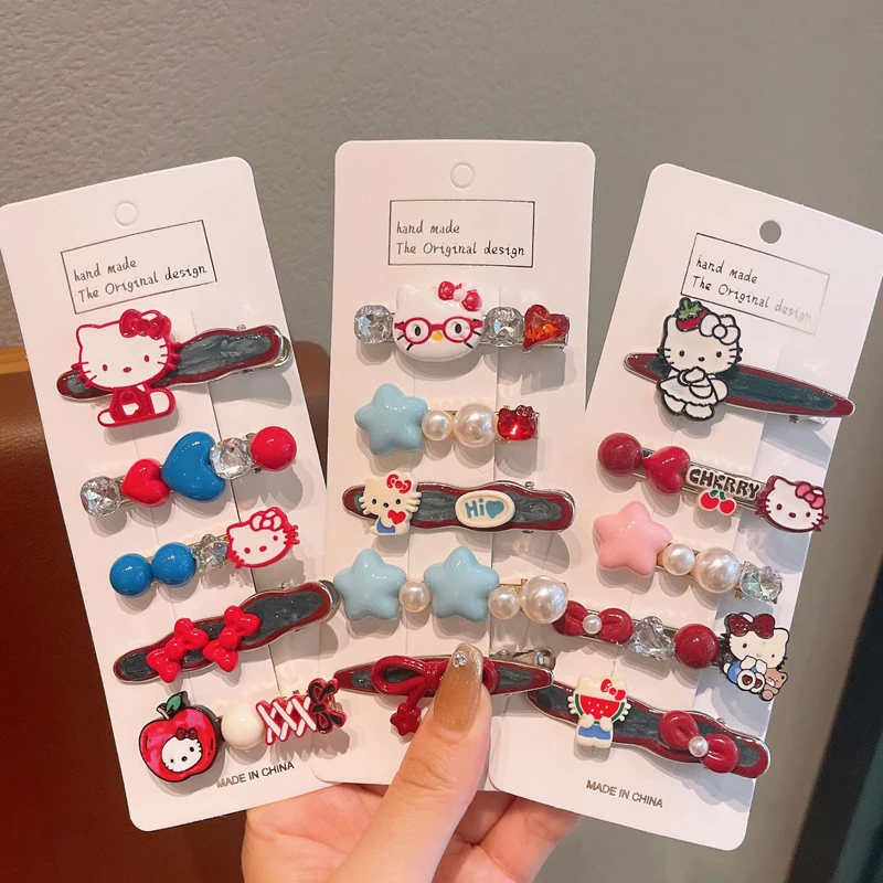 5Pcs Girl's Fashion Cute Cartoon Flash Diamond Hello Kitty Hair Pin Hairpin Girl Bangs Hair Accessories Child Forehead Hair Clip
