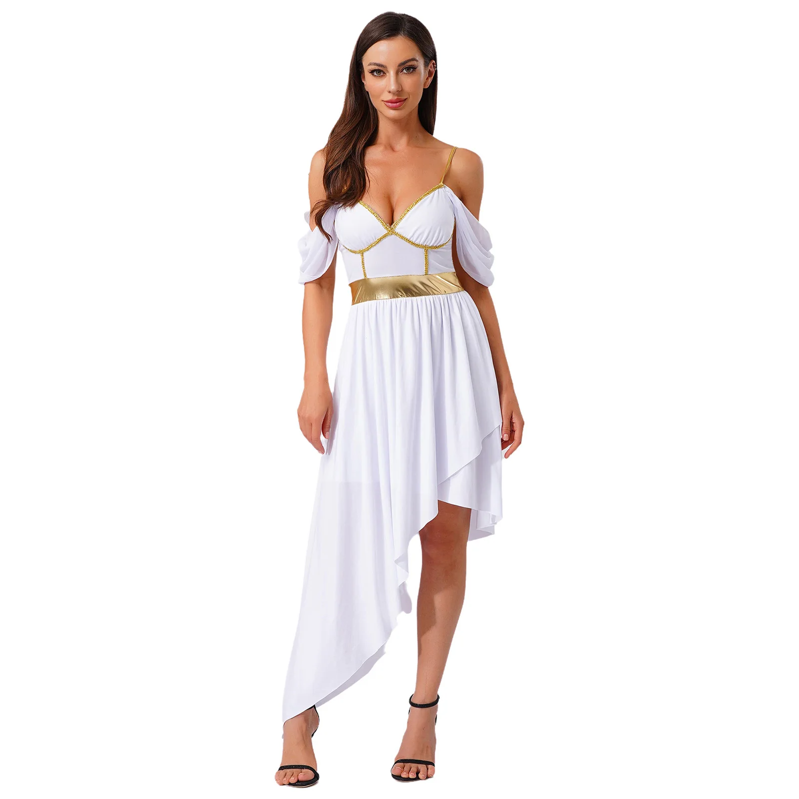 

Women Ancient Greek Roman Queen Princess Athena Dress Metallic Shiny Patchwork Dress Halloween Party Role Play Fancy Costume