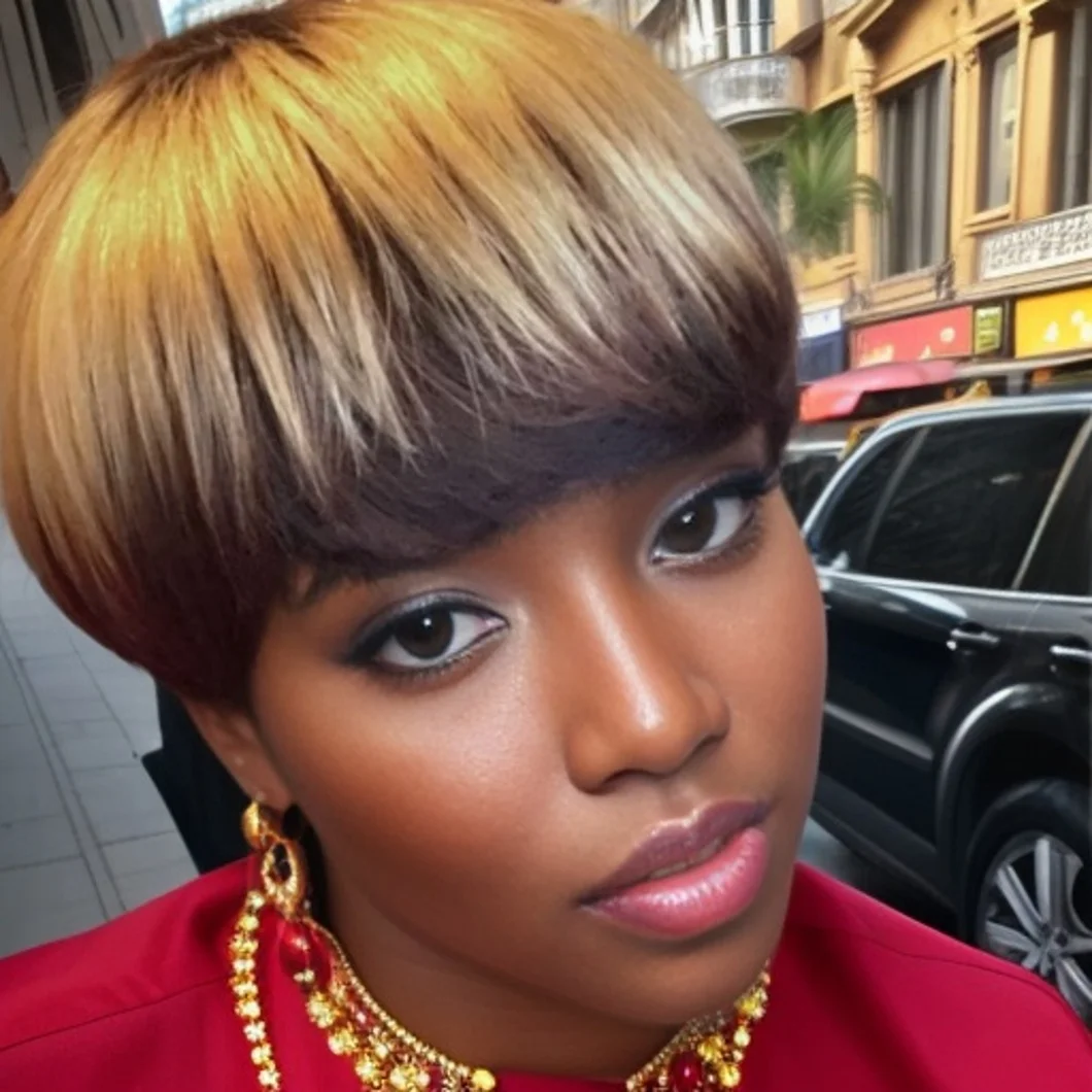 วิกผมทรงพิกซี่แบบสั้นเป็นชั้นๆ พร้อมหน้าม้า ผมแท้บราซิลแบบตรง ผลิตด้วยเครื่องจักรทั้งหัว สี 1B/27 สีที่กำลังเป็นที่นิยม