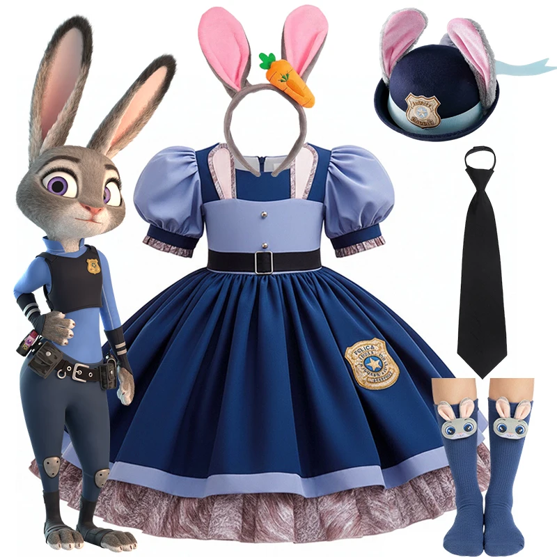 Girl Cosplay Disney Judy Hopps Police Officer Dress Zootopia Bunny Costume Kids Dress Up Halloween Rabbit Dress Outfits view 2