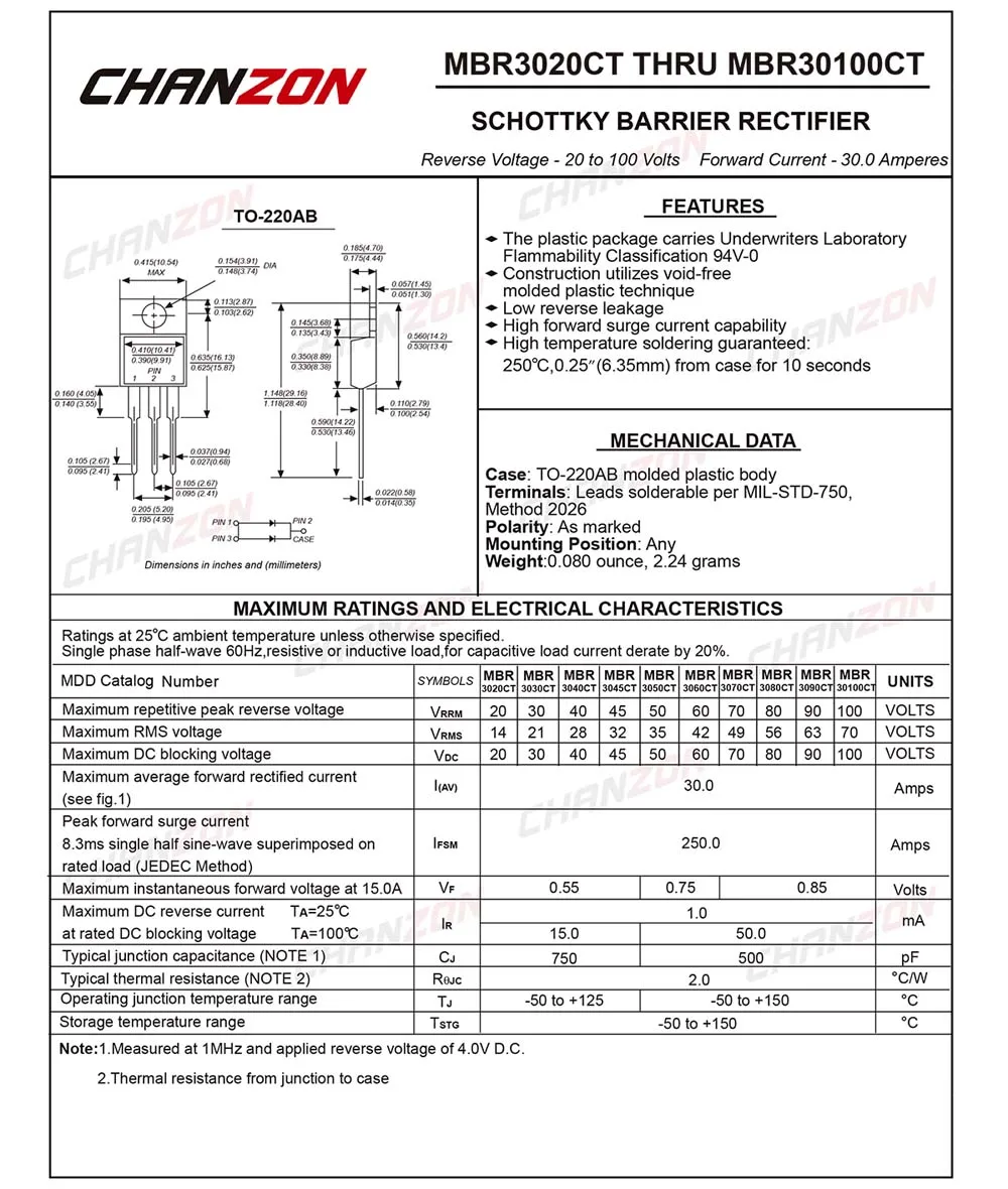 5 Pcs MBR3060PT Schottky Barrier Rectifier Diodes 30A 60V TO-247 TO-247AD 30 Amp 60 Volt MBR3060 PT