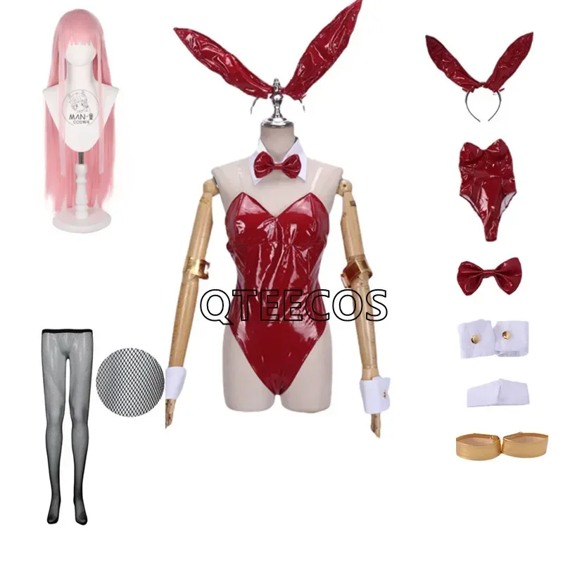 Kostum Cosplay Anime DARLING Nol Dua Gadis Kelinci 02 Jumpsuit Wanita Seksi Setelan Kulit Merah Pakaian Halloween MN1