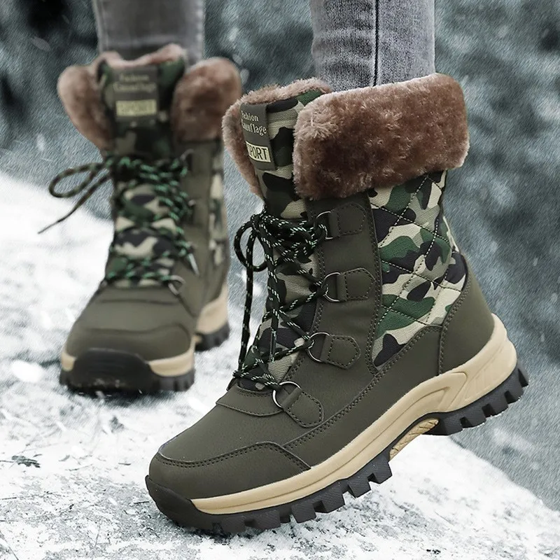 New fleece camouflage snow boots outdoor non-slip high top cotton shoes large size thick warm snow boots   platform shoes C1330