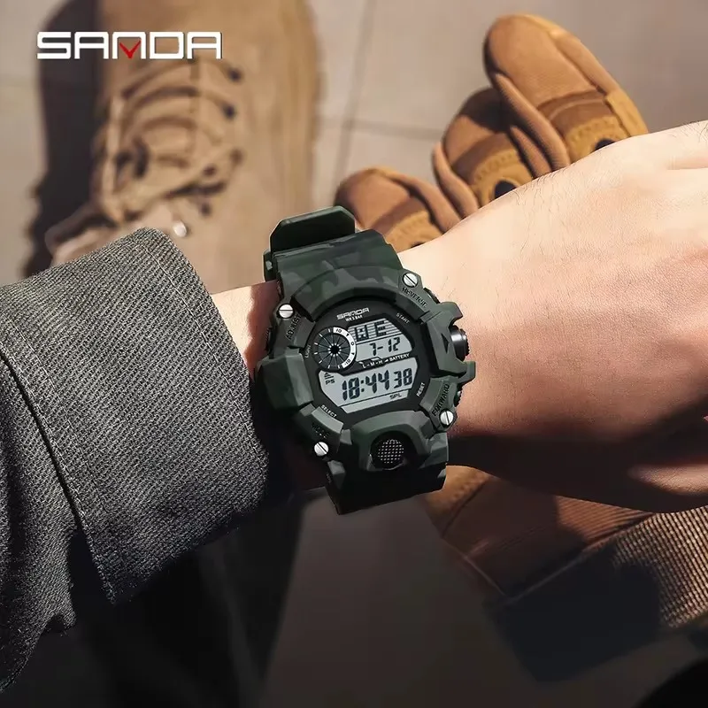 Sanda 2183 estudante relógio eletrônico moda militar camuflagem à prova dwaterproof água luz noturna esportes ao ar livre pulseira de silicone relógio masculino