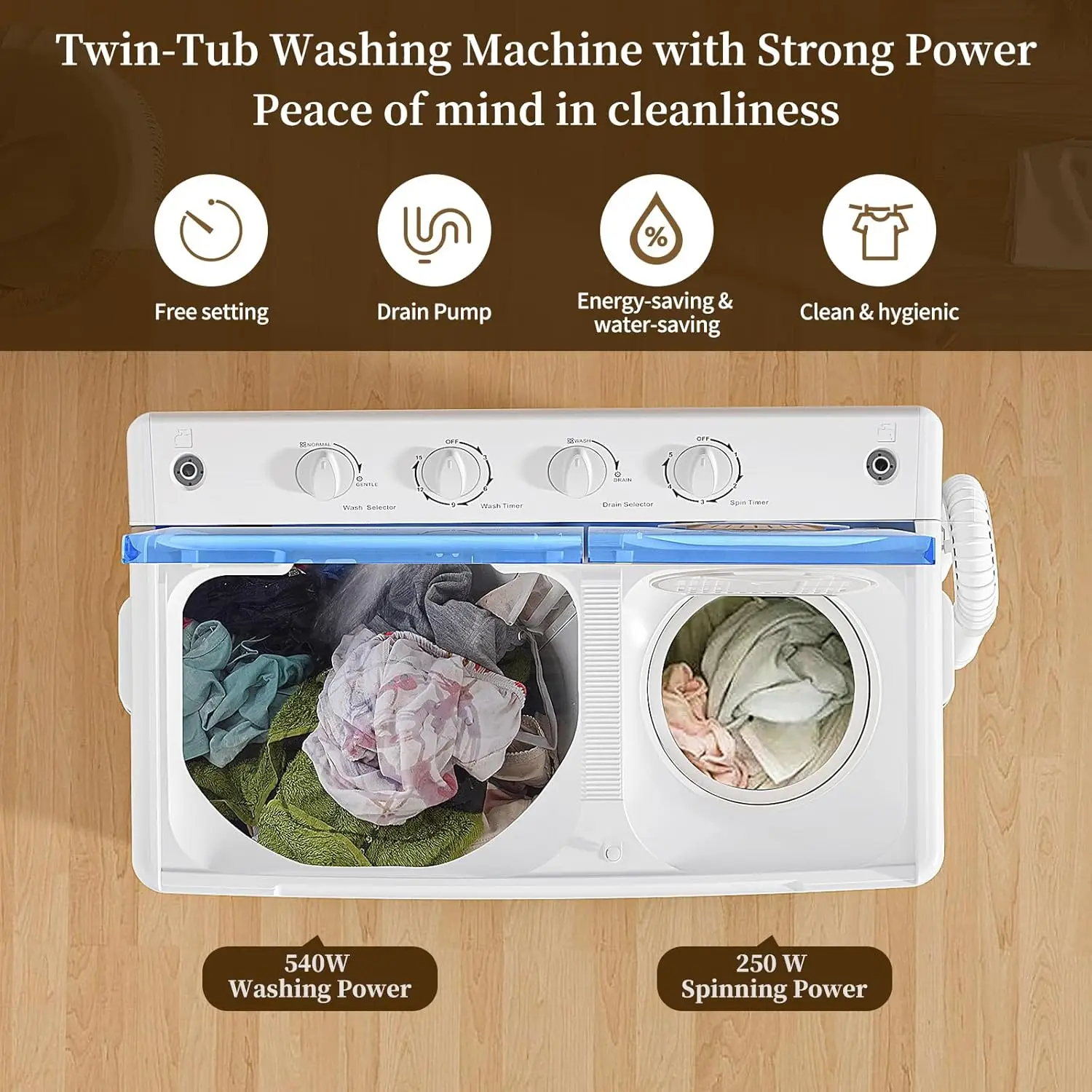 Machine, Twin Tub Washing Machine Laundry Compact Washer spinner Combo with 40lbs capacity, 24Lbs Washer and 16Lbs Spinner dryer