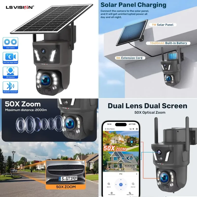 LS VISION 3K 50X Optical Zoom Dual Lens Solar Camera 6MP 4G Card PTZ WIFI Outdoor Security Humanoid Tracking