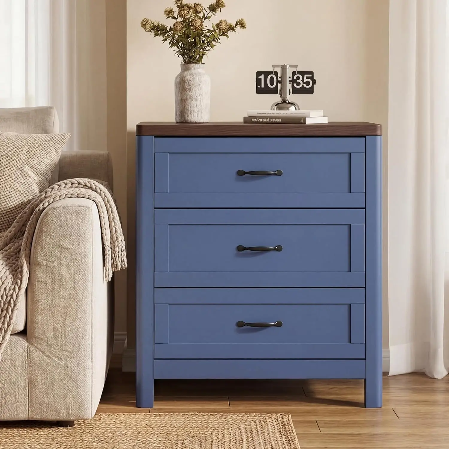 

Tall Nightstand With 3 Drwers, Wooden Night Stand, Large Bedside Table, Farmhouse Storage Drawers, Navy Blue 27 In, Customized