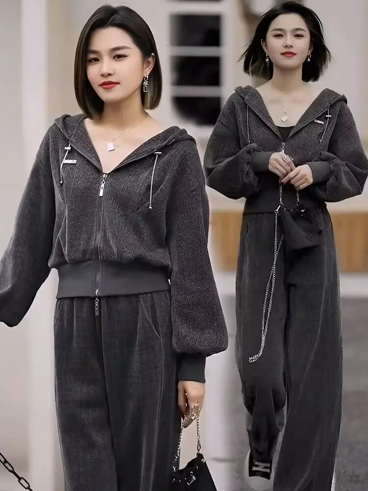 

Casual Sportswear Set Women's Autumn 2026 New Style Small Size Fashionable Youthful Hoodie Wide Leg Pants Two Piece Set