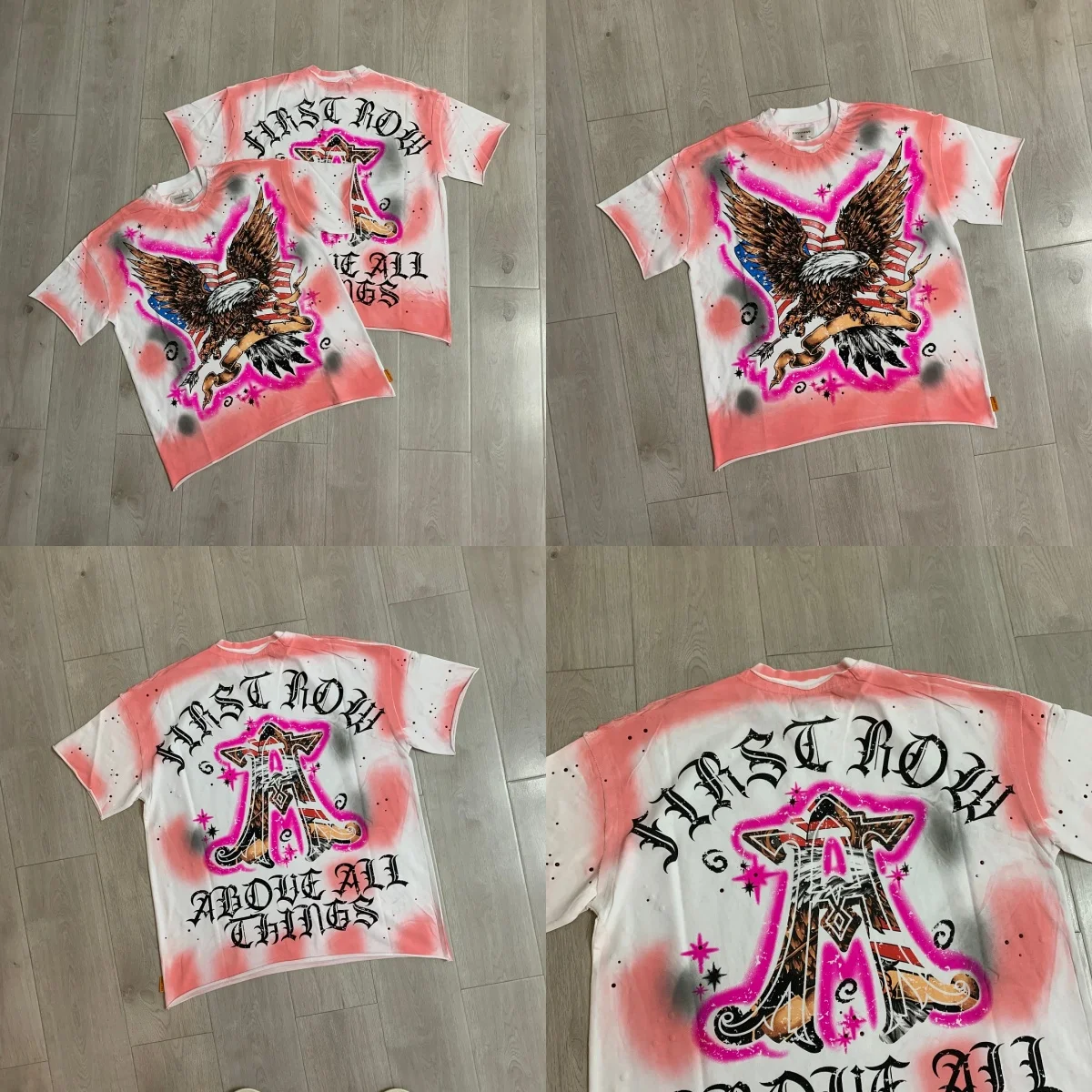 Unisex Gradient Pink Splatter Washed T Shirt FIRST ROW Graphic Print Tees Y2K Retro Streetwear Oversized Loose Casual Tops Tees