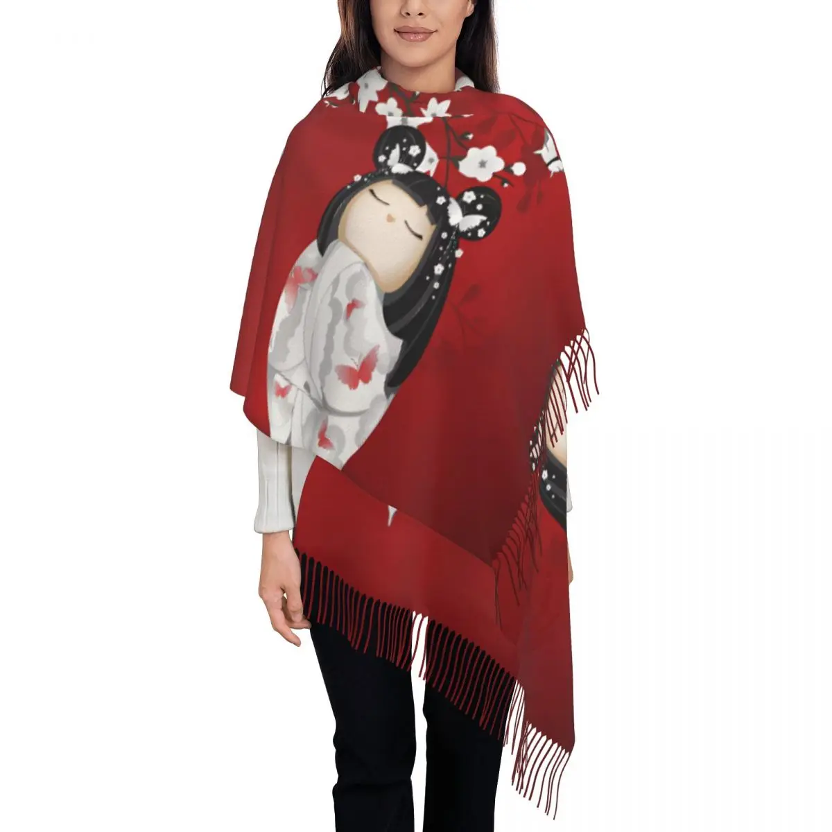 

Kokeshi Doll Scarf with Long Tassel Red Cherry Blossoms Warm Shawl Wrap Ladies Custom Scarves Wraps Winter Cool Bufanda Mujer