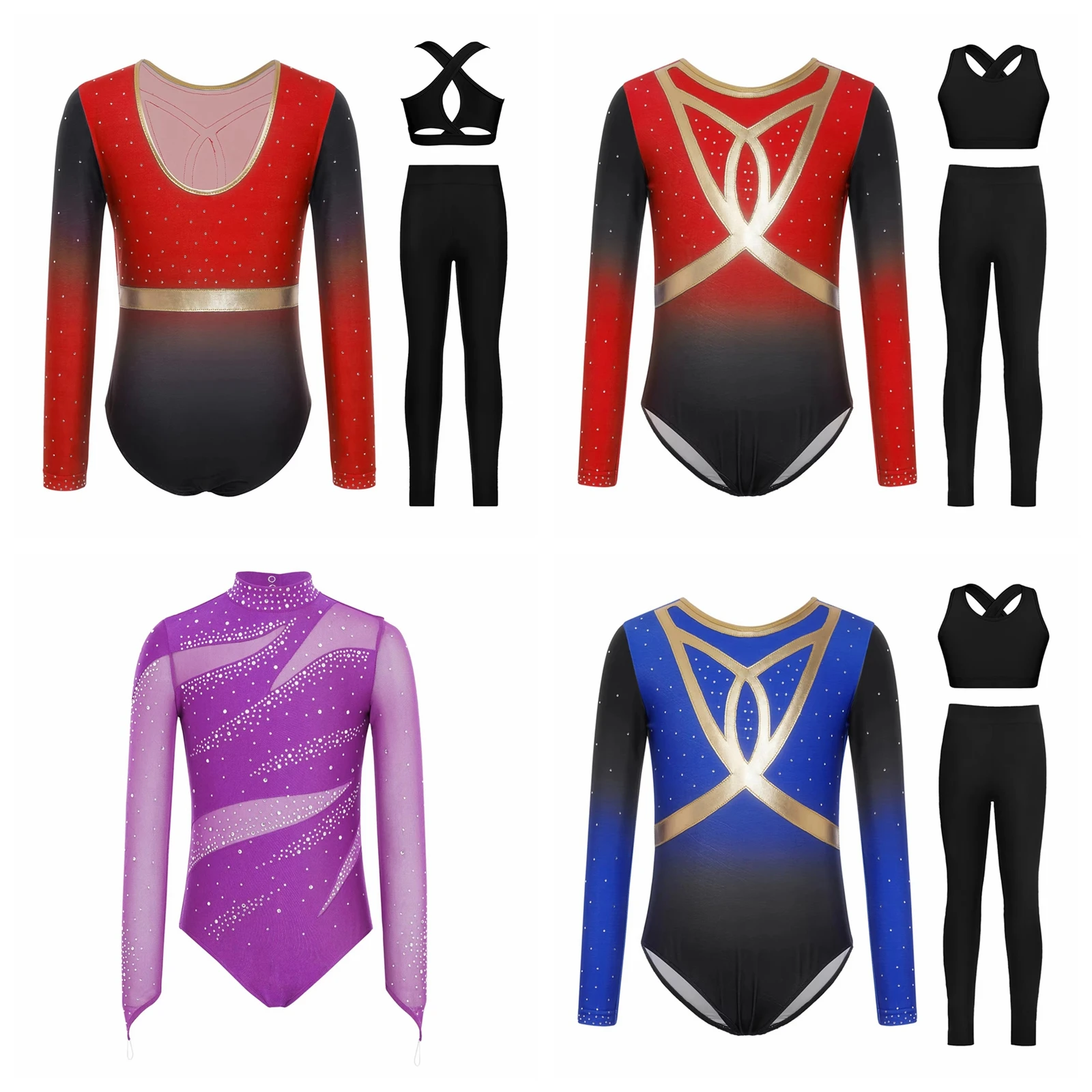 

Girls Figure Skating Leotard Kids Rhythmic Gymnastics Bodysuit Children Rhinestone Ballerina Dancewear Ballet Dance Jumpsuit