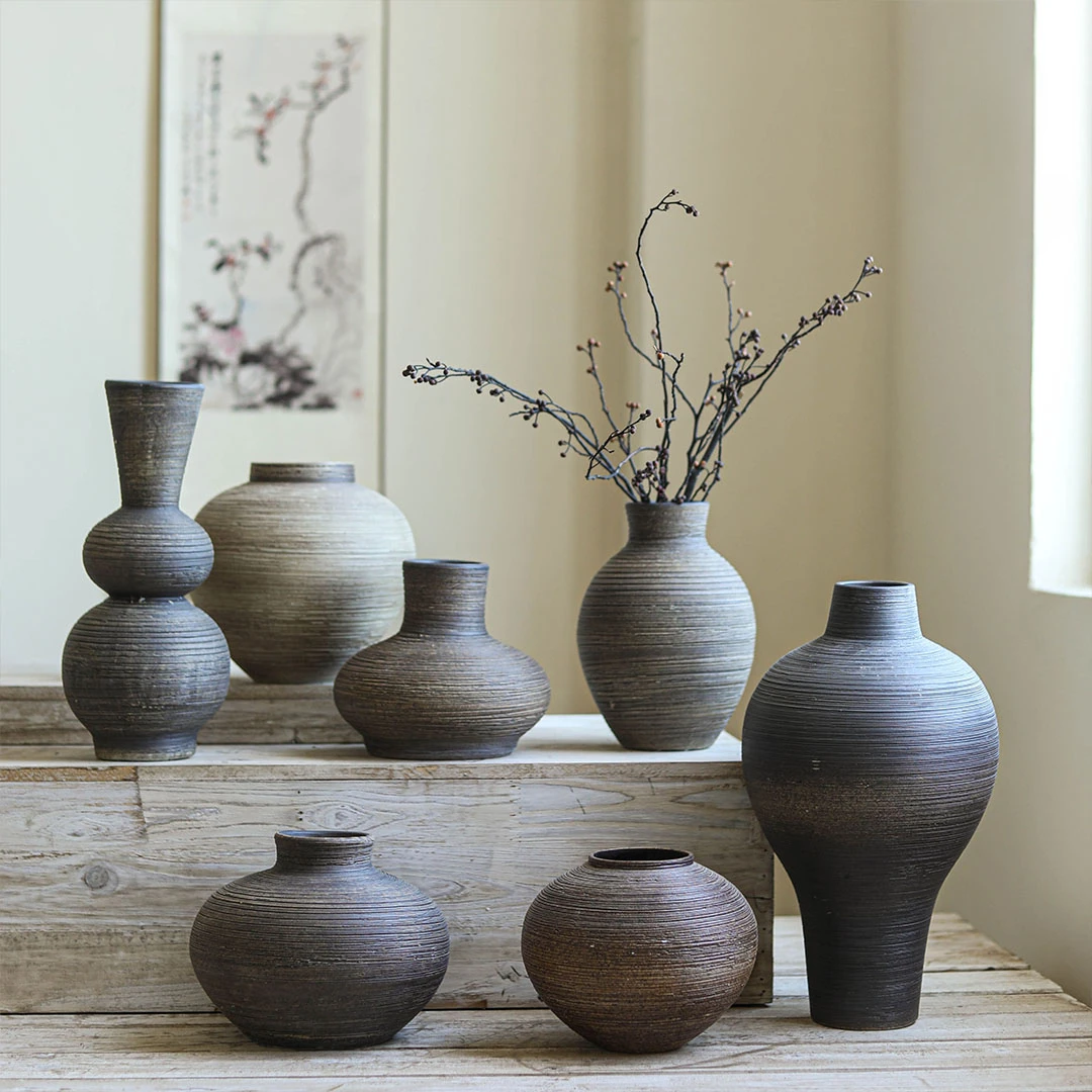 

The product can be customized.Vintage countertop ceramic vase, black living room decoration, coarse pottery jar, dining