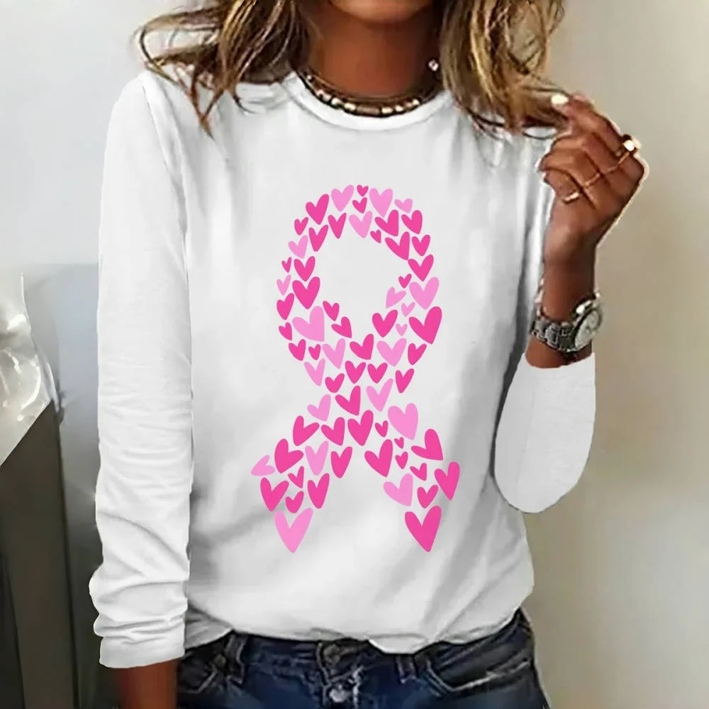 Heart Motif Pink Ribbon Print Designer Women's T-shirts Fashion Fall Cotton Long Sleeves T shirt Casual O-neck Women Clothing