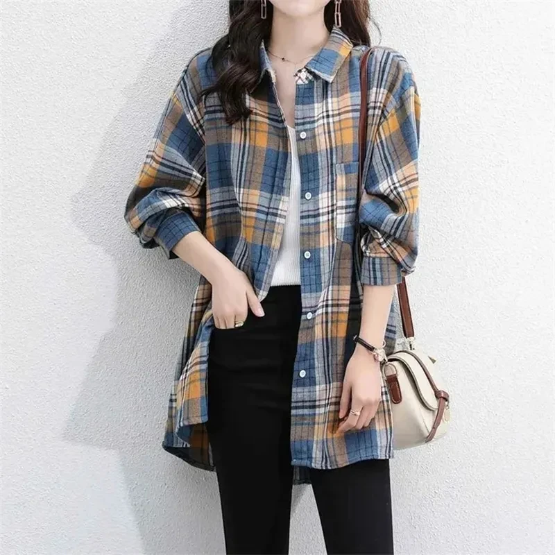 

Plaid Shirt Women's Long-Sleeved Jacket 2023 Spring Autumn New Loose Coat Ladies Long Sanding Overlapping Wear Top Female Blaus