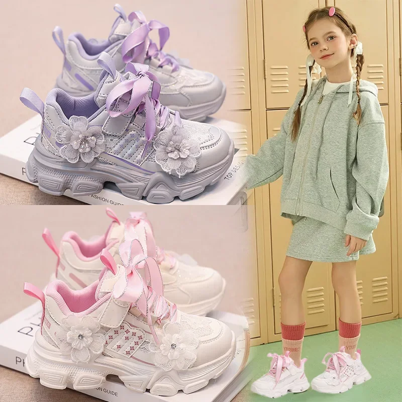 Kids Sneakers 2024 Girls Spring Fashion Breathable Running Sport Shoes Children Non-slip Trainers Student Casual Sneakers