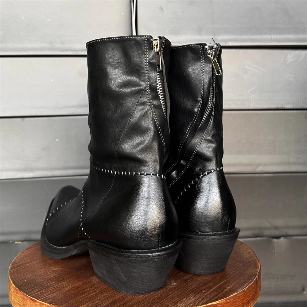 Sharp Pointed Toe Wizard Boots for Men Handmad Ehand Sewn Thick Heel Side Zipper Black Leather Winter New Vintage Short Boot