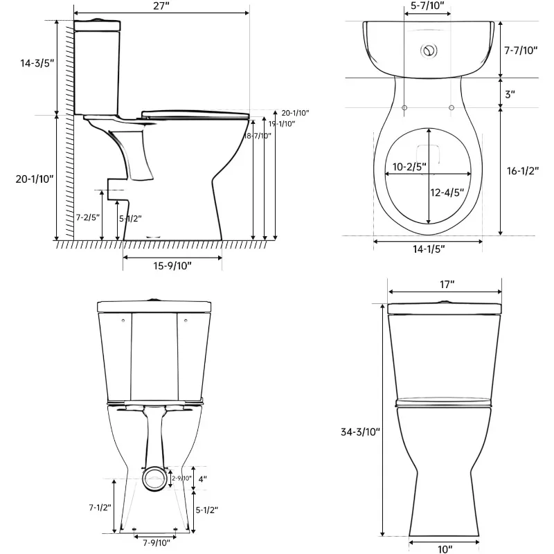 Rear Outlet Toilet With 19 Inch Tall Toilet Bowl & Tank, High Toilets For Seniors With Rear Discharge-Includes Extension Pipe