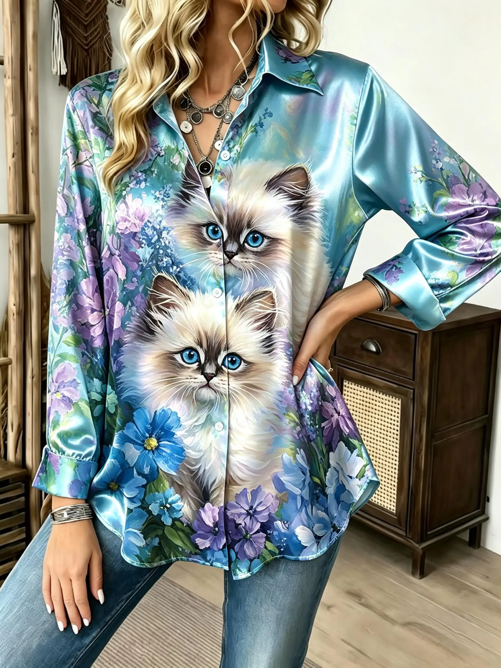 Women Graphic Cat Floral Print Button Down Shirt Turn‑down Collar Long Sleeve Blouse Casual Daily Party Outfit Top