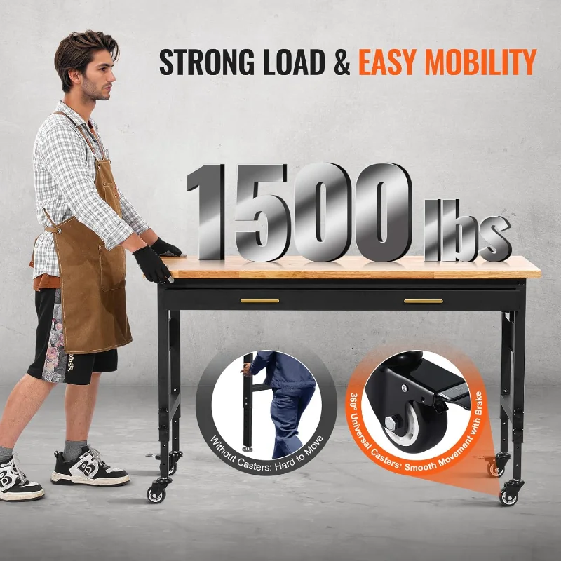 VEVOR 60" Adjustable Workbench, 1500 lbs Load Capacity, Work Bench with Drawer Storage, Power Outlet, Wheels, and Pegboard