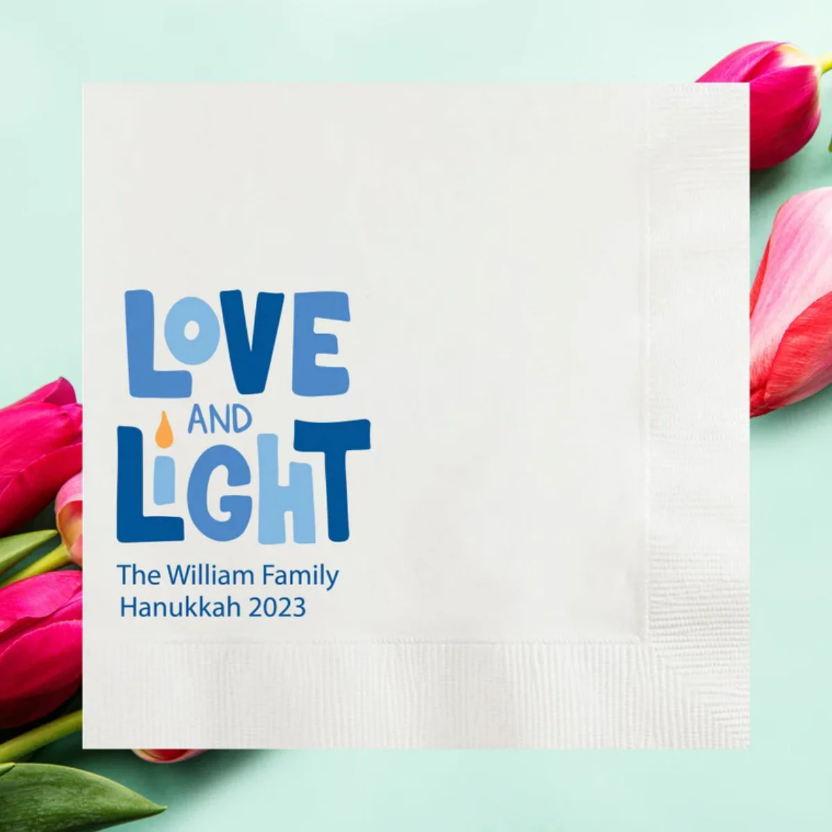 

Love and Light Personalized Hanukkah Full Color Cocktail Napkins, Custom Hanukkah Light, Holiday 2023 Festive Dinner Napkin, Jew