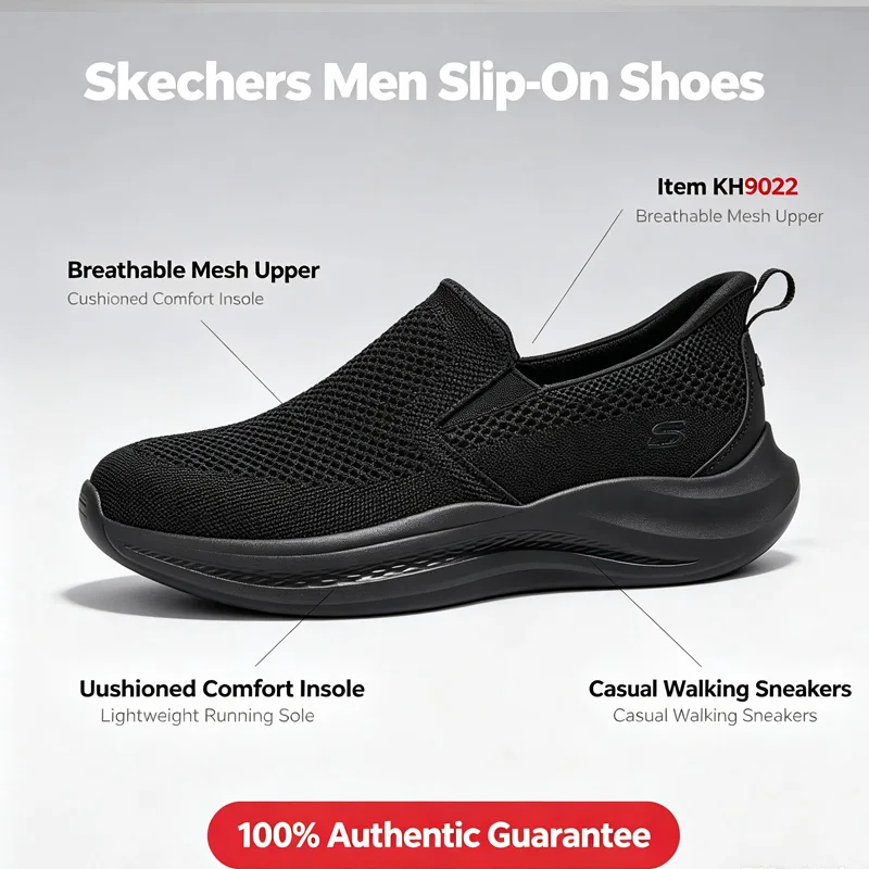 Skechers Men Slip-On Walking Shoes 211085-BBK All Black Breathable Mesh Cushion Slip Ins Casual Comfort Sneakers