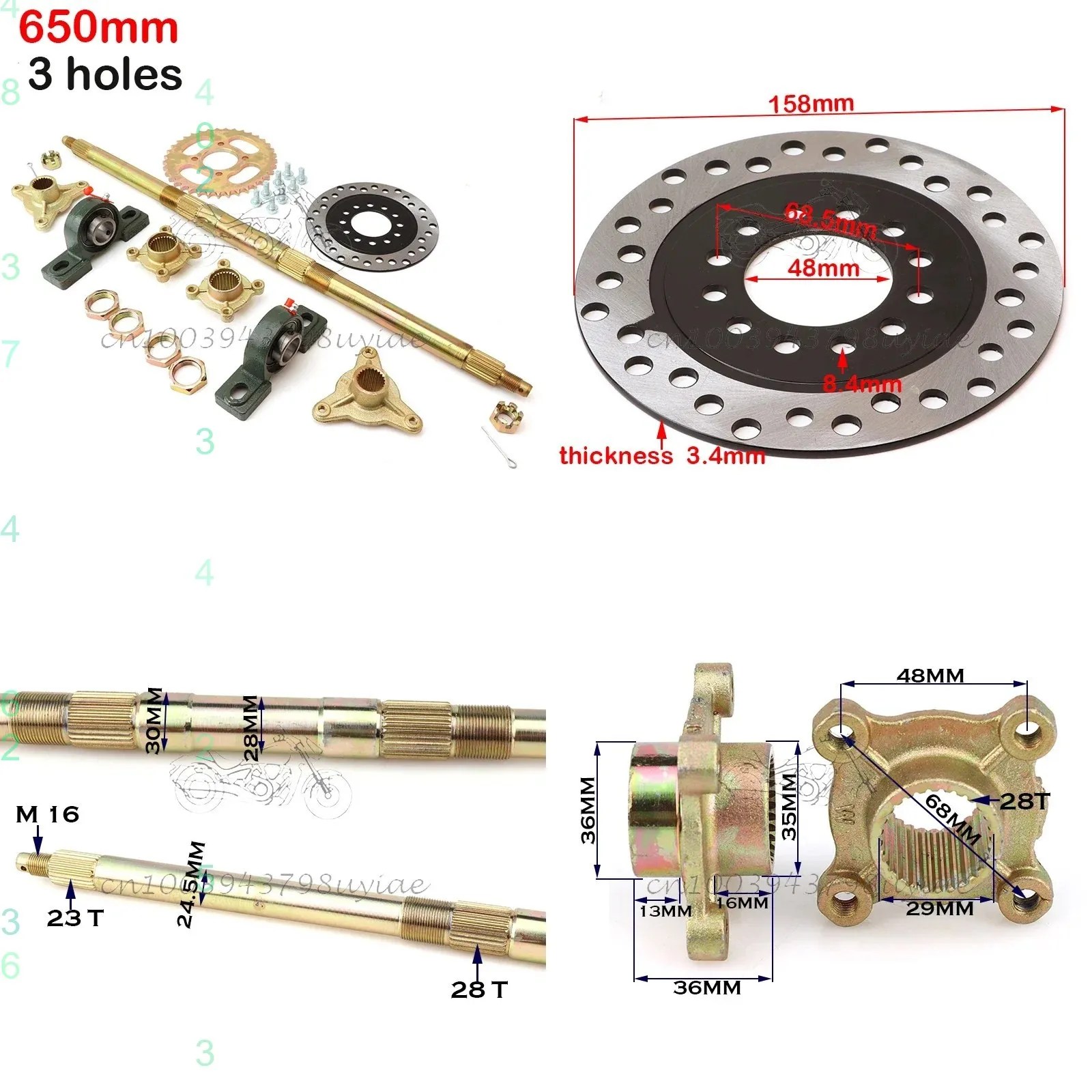 610mm 650mm 4 Holes 3 Rear Axle Assembly with Bracket Hub Chain for 110cc 125cc 150cc Karting Dune Buggy