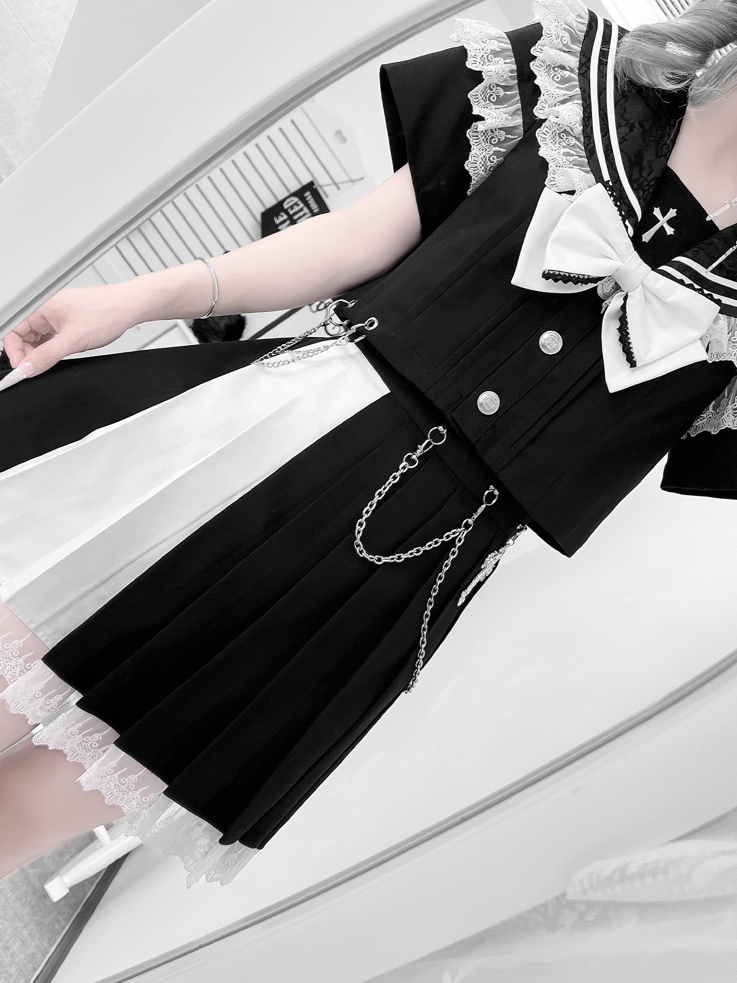ญี่ปุ่นMineกระโปรง + ชิ้นชุดSubculture Black GothicสาวหวานCool Lolitaชุดลูกไม้Navy Collar Topชุดกระโปรง