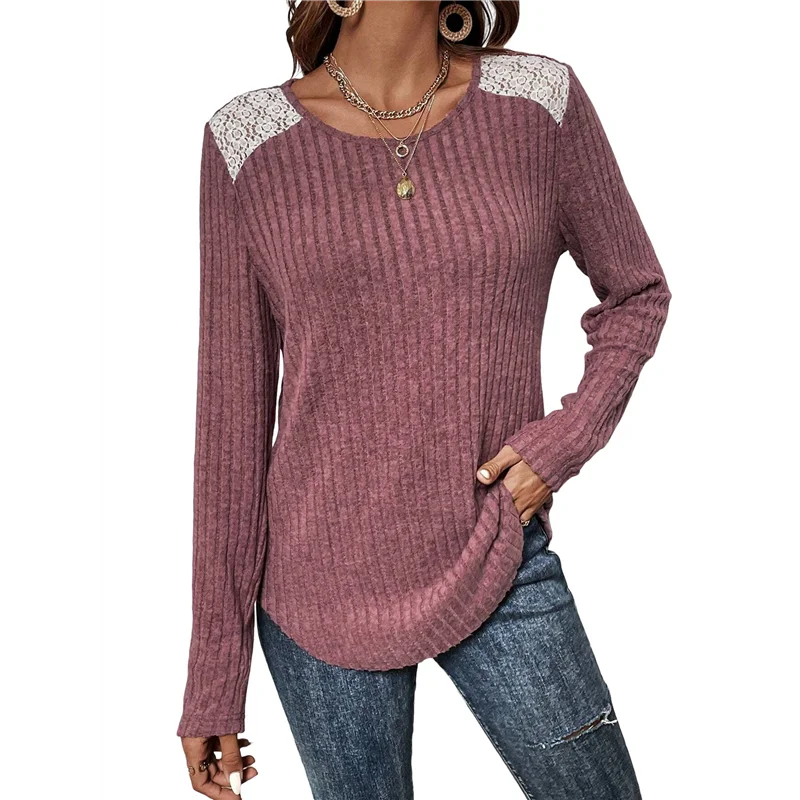 

Женская повседневная рубашка с круглым вырезом, кружевные лоскутные блузки, пуловеры, свитера, однотонные туники с длинными рукавами, топы