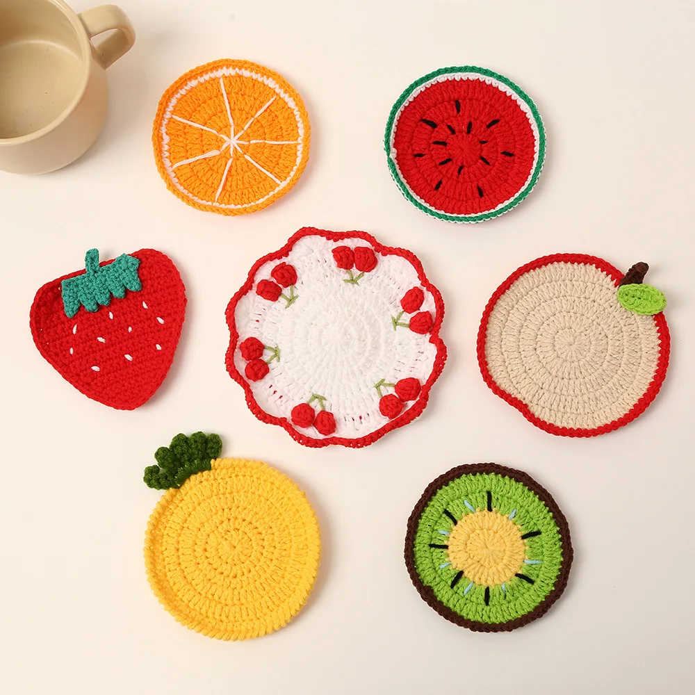 

Handmade Crochet Finished Cartoon Red Strawberry Coaster Heat Insulation Anti-Slip Coffee Milk Mat, Also As Desktop Home Decor.