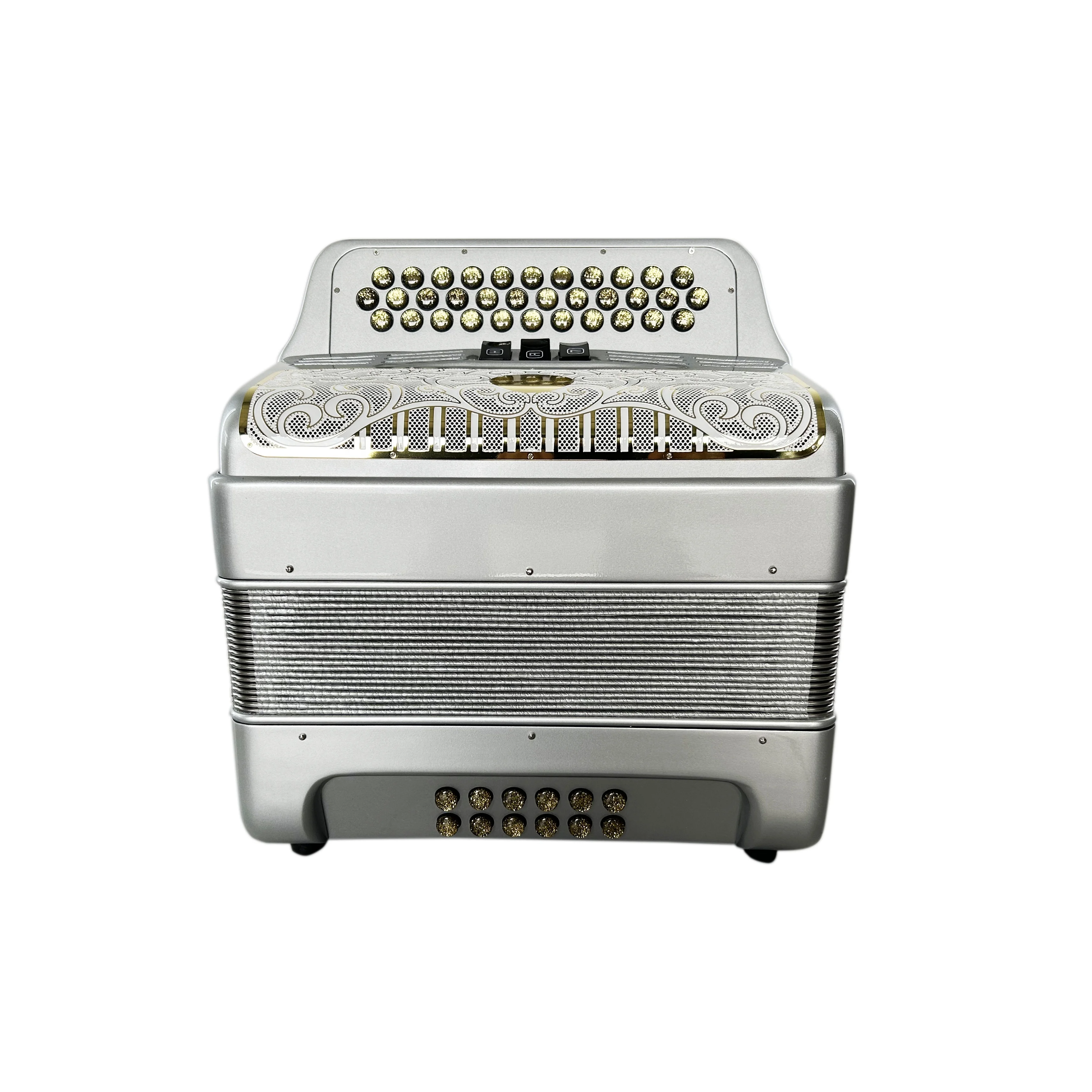 

Professional 34-Button 12-Bass 3-Register Silver Accordion White Gold Grill Gold Buttons Wood Acordeon JB3412C