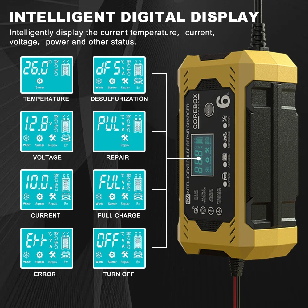 Cargador inteligente de baterías AGM/GEL impermeable con pantalla LCD