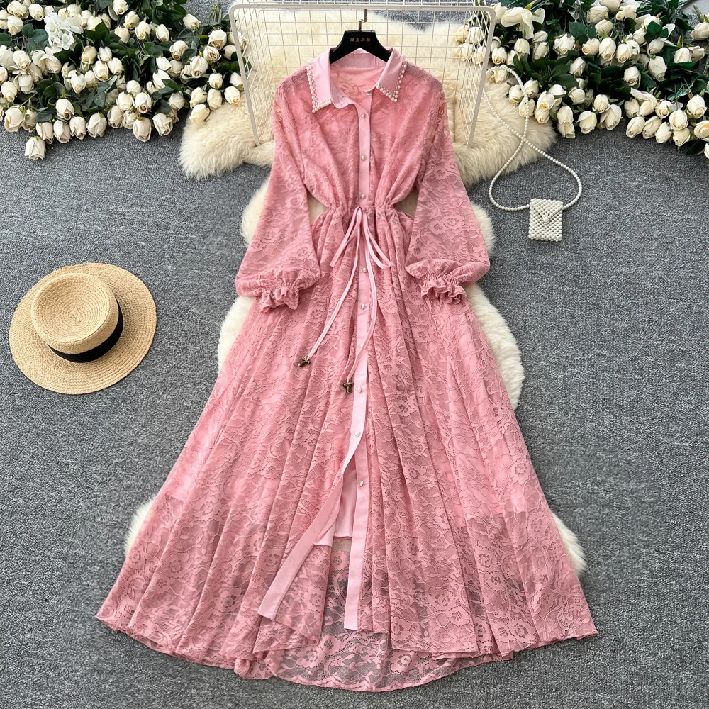 

Women Solid Dresses Lace Rhinestones Dress Ankle Lenth Long Lantern Sleeves Drawstring Waist Loose Elegant 2025 Spring Autumn
