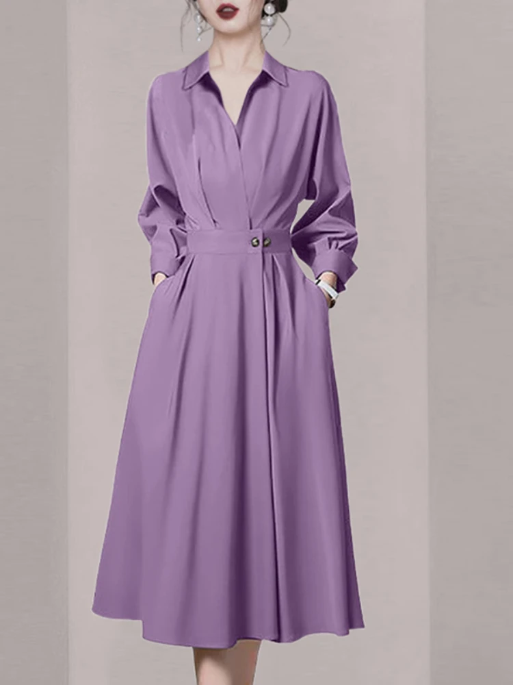 Purple Turn down Collar Shirt Dress 2023 Autumn New French Gentle Temperament Waist Slim Mid Length Long Dresses Female