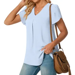 Summer Women's Elegant Commuter Shirt Simple Solid Color Fashion V-neck Petal Sleeve Shirt Casual Holiday Women's Shirt