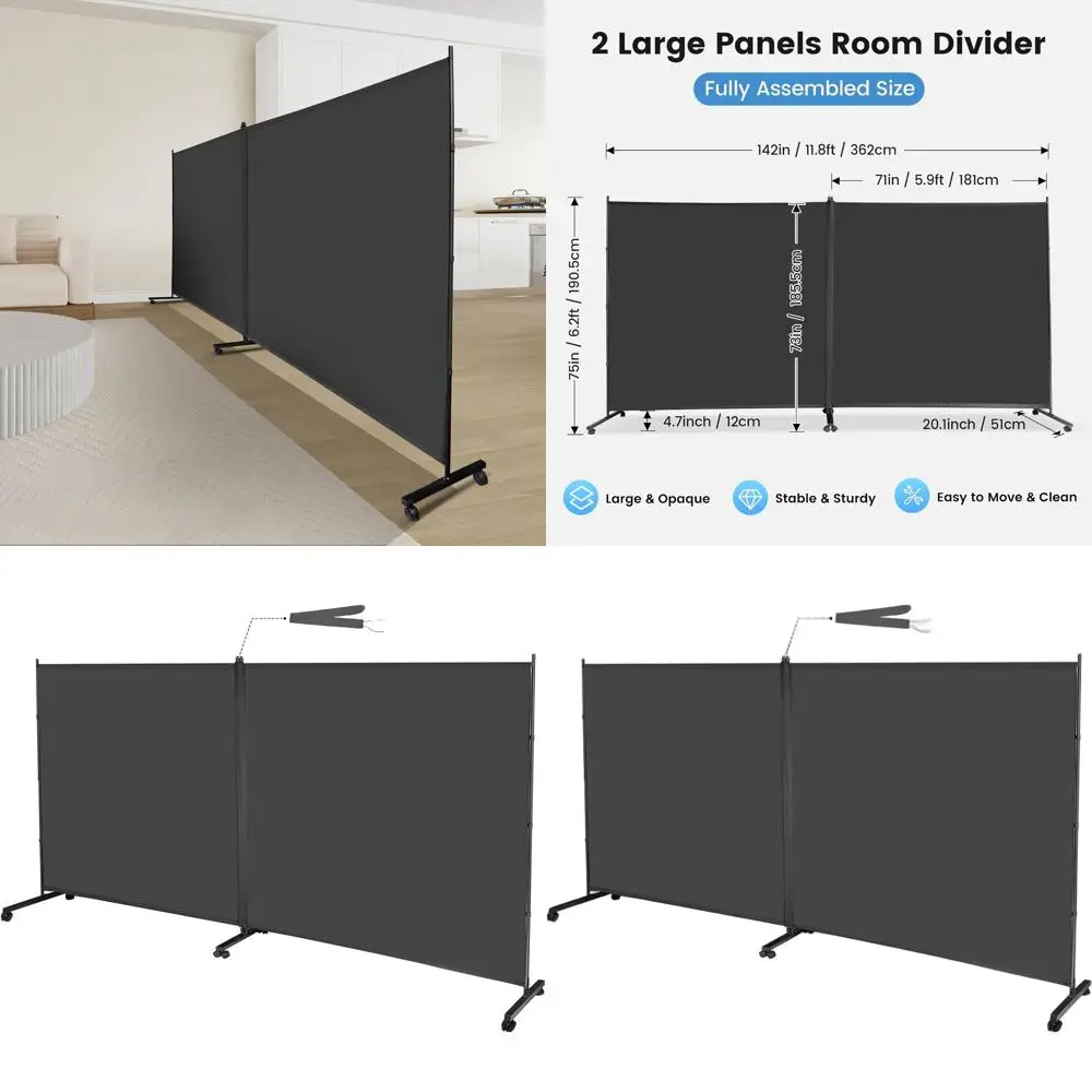 

Gray 142W x 75H Mobile Room Divider with 2 Large Panels and Wheeled Base for Home Office Privacy