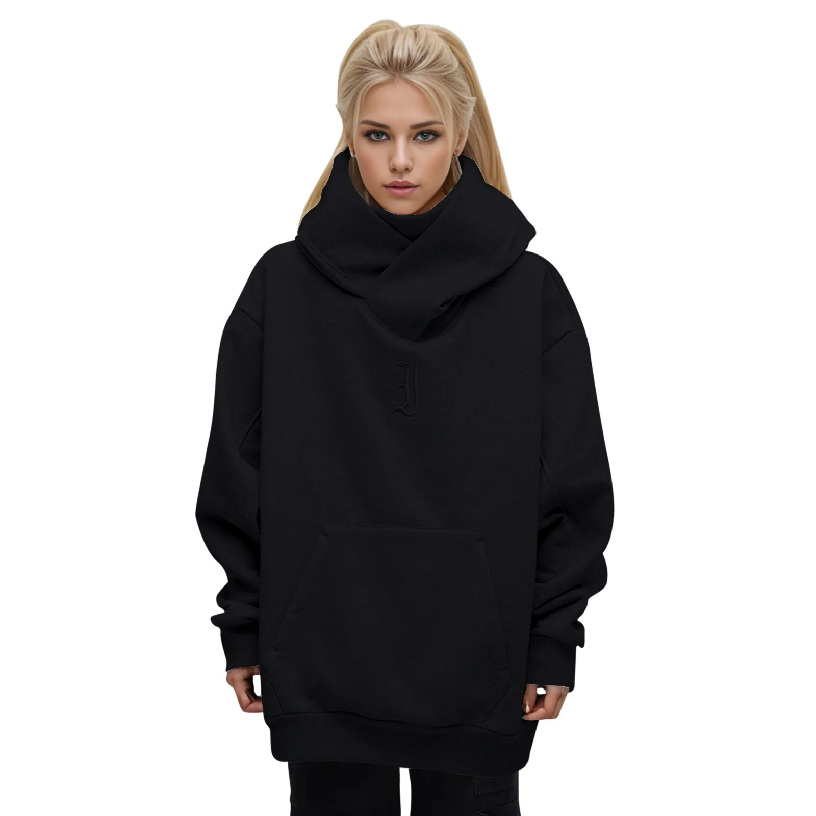 

High Necked Hooded Spring And Autumn Solid Color Functional Fashion High Street Hip Hop Style Long Hoodie Sweatshirts for Women