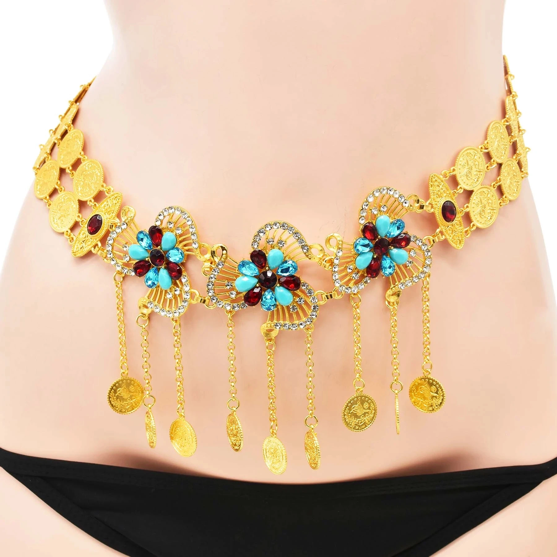 Retro Fashion Crystal Flower Coins Long Tassel Ethnic Belly Chains Gold Color Bohemian Beach Party Belts Sexy Metal Body Jewelry