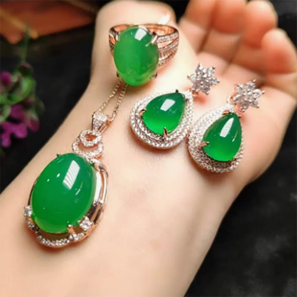 

Jadeite inlaid with green jade, three piece earring set, ring clasp, agate necklace