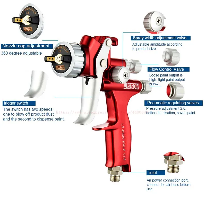 High Quality Spray Gun LISSON 6800 Painting Gun 1.3mm Nozzle Paint Gun Water Based Air Spray Gun Airbrush with Pressure Gauge