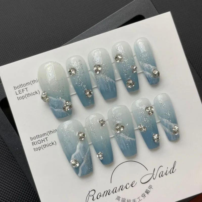 10pcs Handmade Blue Sea Nail Art for Gluing Nails Set Press on Acyrlic Fake Nail Tips Beach Finger Reusable Adhesive False Nails