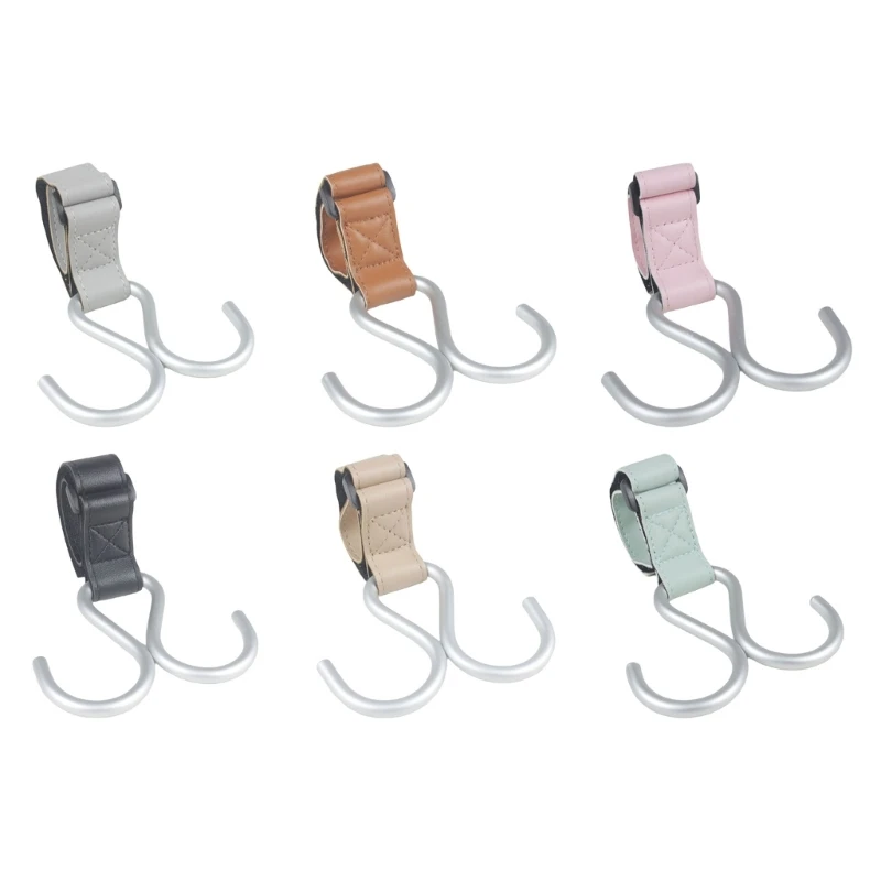 Stylish Double Hook for Baby Strollers PU Leather+Aluminum Alloy Pushchair Hanger Rack Organiser Hook Clip