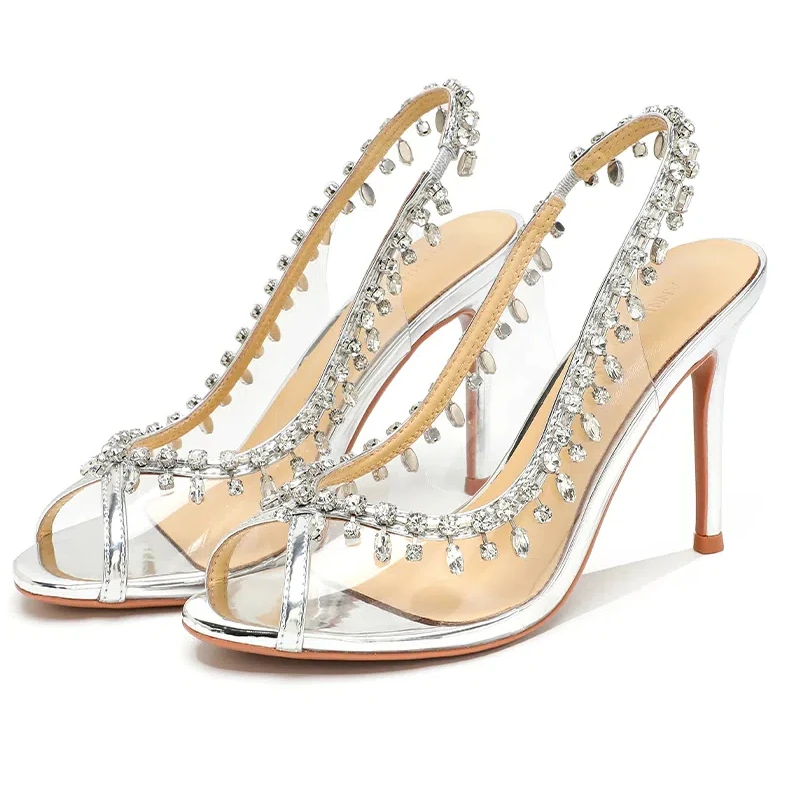 New Spring and Summer High-heeled Sandals with Rhinestones, Transparent Fish-mouth High-heeled Shoes, Empty Back Shoes, Wedding