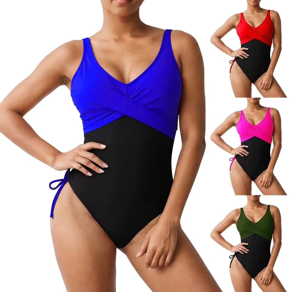 Women 1 Piece Swimsuit Lady Girls Color Block Print Bathing Suits Athletic Swimwear Costume Padded New High Elastic Bikini Set