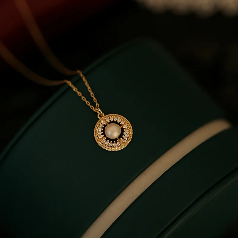 

S925 Pure Silver Electroplated 14K Gold Korean Vintage Palace Pearl Pendant Necklace For Women Luxurious Wedding Bride Jewelry