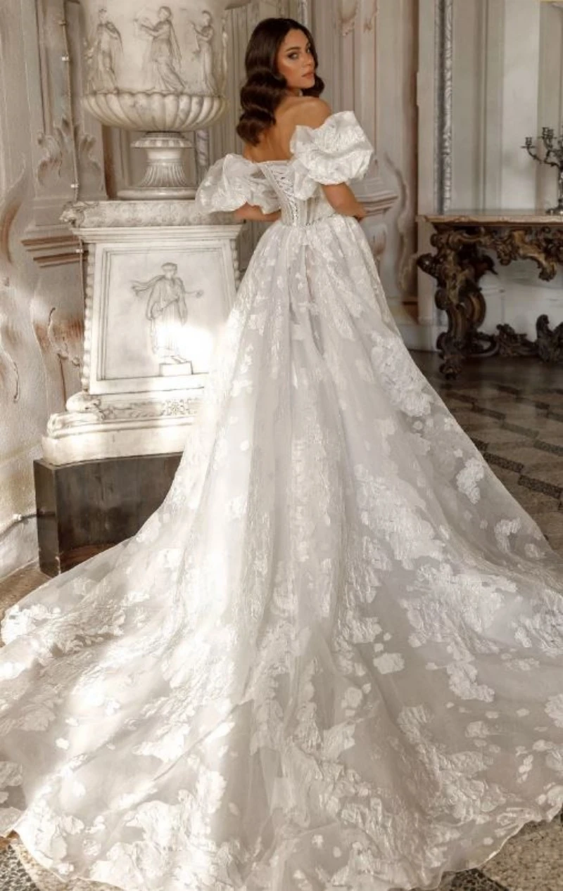 A-line Organza Lace Open Back Detachable Sleeves Long Train Wedding Dresses