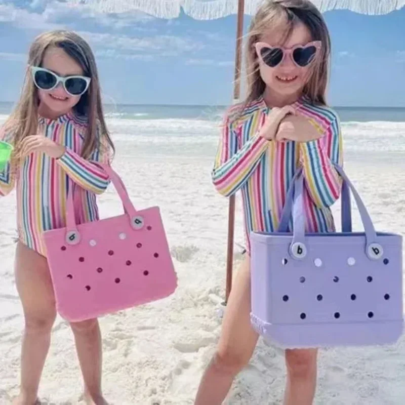 Keranjang penyimpanan anak, tas Tote pantai mode lucu musim panas keranjang anak-anak luar ruangan piknik Tote warna Solid Eva tas Jelly pengatur pakaian