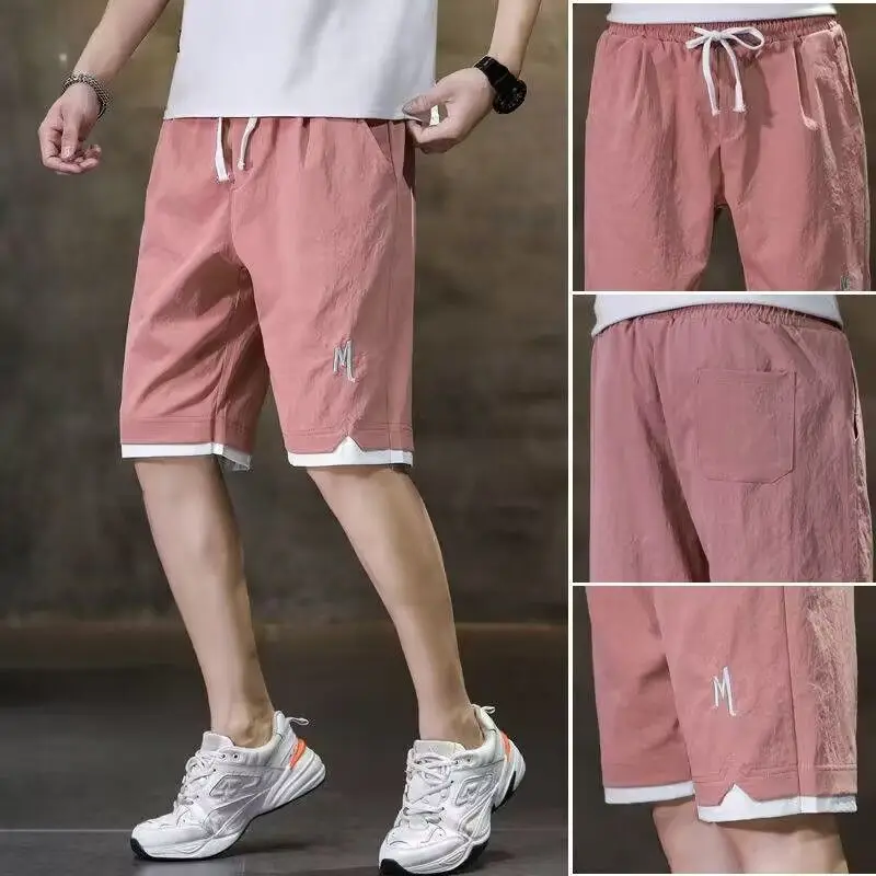 Pantalones cortos de bolsillo clásicos de seda de hielo para hombre, ropa informal, delgada, suelta, cintura con cordón, calle, verano, cinco