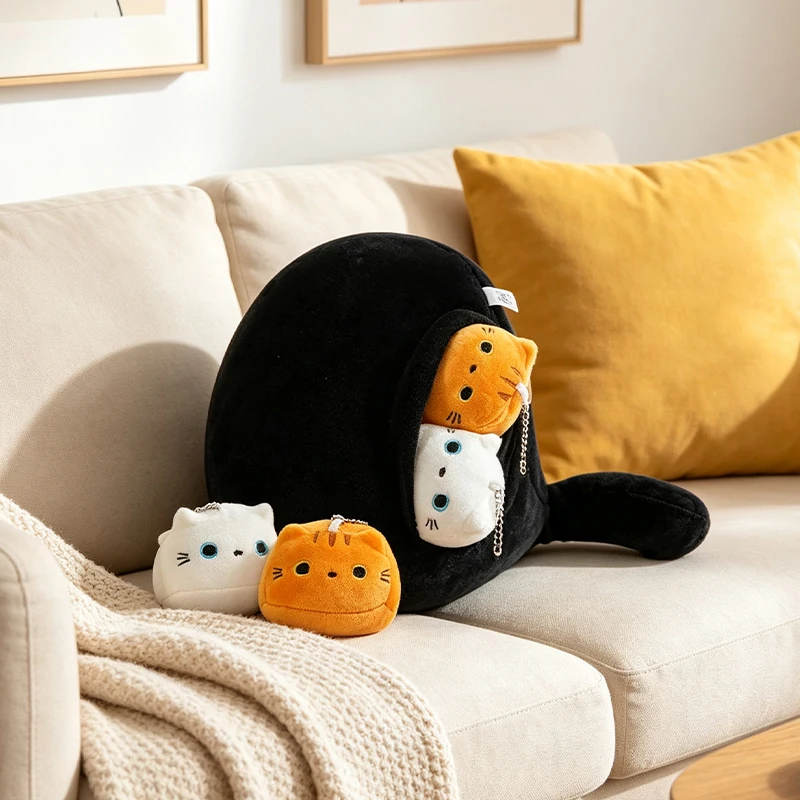 Feline Family Black Cat Mom and 4 Kids Plush Toy Stuffed Animal Soft Doll Sleeping Pillow Birthday Gift Kid Girls Boy Room Decor - view 2